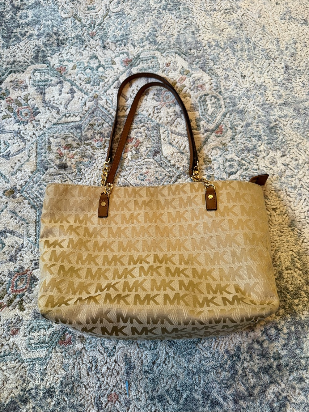 Michael Kors Beige MK Monogram Tote Bag Brown Leather Trim Gold Chain
